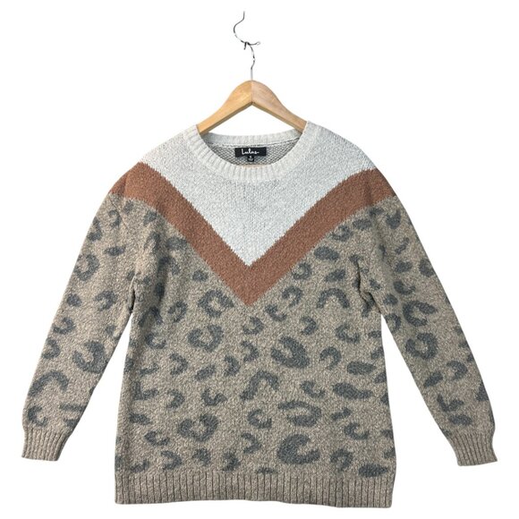 Lulus Womens Sweater Chevron Leopard Print Crewneck Relaxed Oversized Cozy Small - Picture 2 of 13